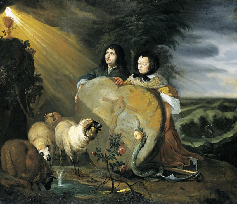 Angebliches Selbstbildnis des Künstlers mit seiner Frau und den Symbolen des christlichen Glaubens from Johann Heinrich Roos