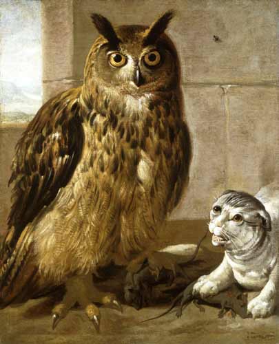 Eagle Owl and Cat with Dead Rats from Johann Heinrich Roos