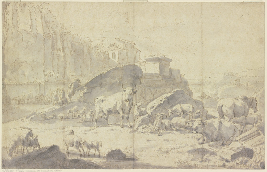 Herde von Ziegen, Schafen, Kühen und Pferden in einer italienischen Berglandschaft mit Ruinen from Johann Heinrich Roos