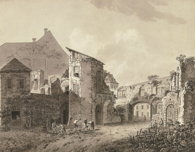 Wohnbauten zwischen Ruinen, vorne vier Figuren beim Zersägen und Hacken von Holz from Johann Heinrich Troll