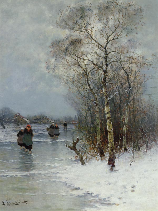 Girls Walking on a Frozen River from Johann II Jungblut