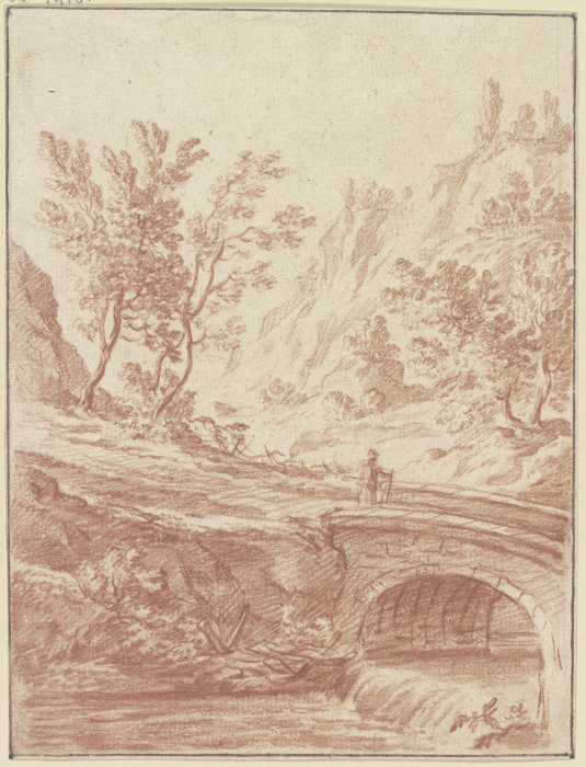 Baumbestandenes Tal, im Vordergrund ein Bach, über den eine Brücke führt from Johann Ludwig Ernst Morgenstern