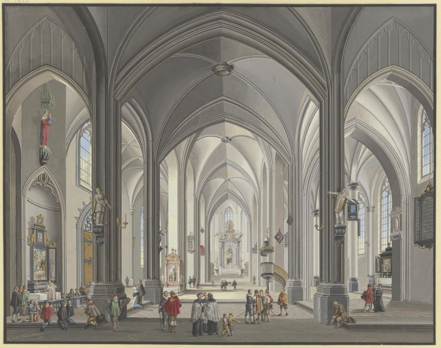 Blick in das Innere einer gotischen Hallenkirche mit vielen Staffagefiguren in der Tracht des 17. Ja from Johann Ludwig Ernst Morgenstern