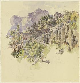 Kloster im Gebirge mit großen Terrassen und Treppen