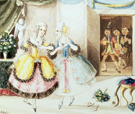 Fiordiligi and Dorabella watched from the doorway by Don Alfonso, Ferrando and Guglielmo, from 'Cosi from Johann Peter Lyser