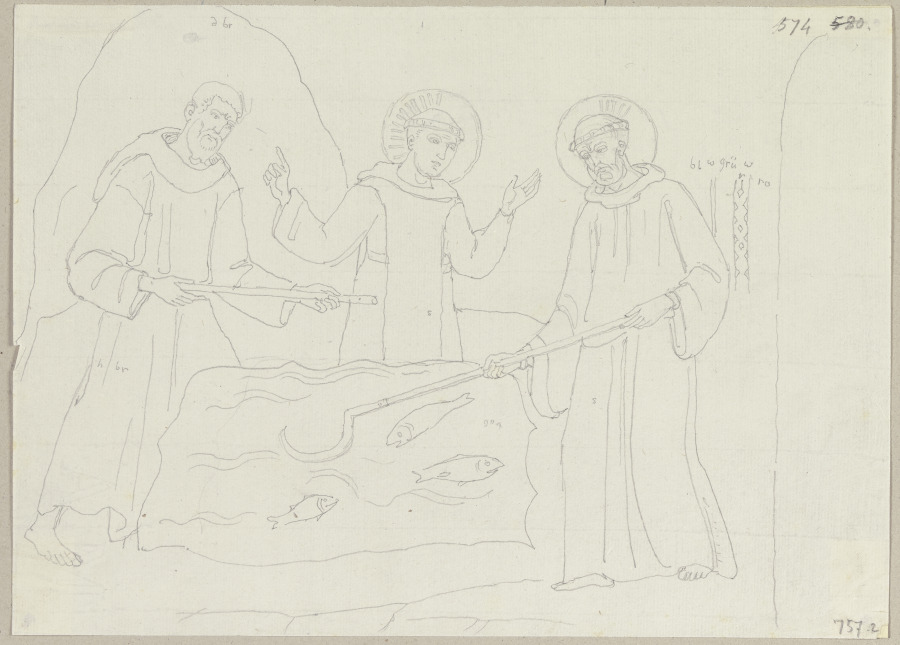 Benedikt von Nursia zieht ein Eisen dem Wasser heraus, aus der unteren Kirche von San Benedetto from Johann Ramboux