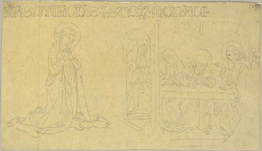 Links eine Darstellung der Gottesmutter, rechts eine Versammlung von betenden Heiligen from Johann Ramboux