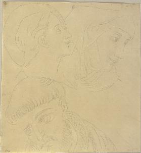Unten links der Kopf des heiligen Franz von Assisi in S. Francesco zu Assisi, oben zwei weitere Köpf