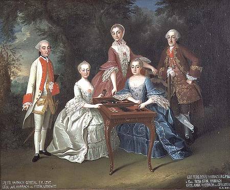 Group portrait of the Harrach family playing backgammon including General Count Ferdinand Harrach, C from Johann Wilhelm Hoffnas or Hofnaas