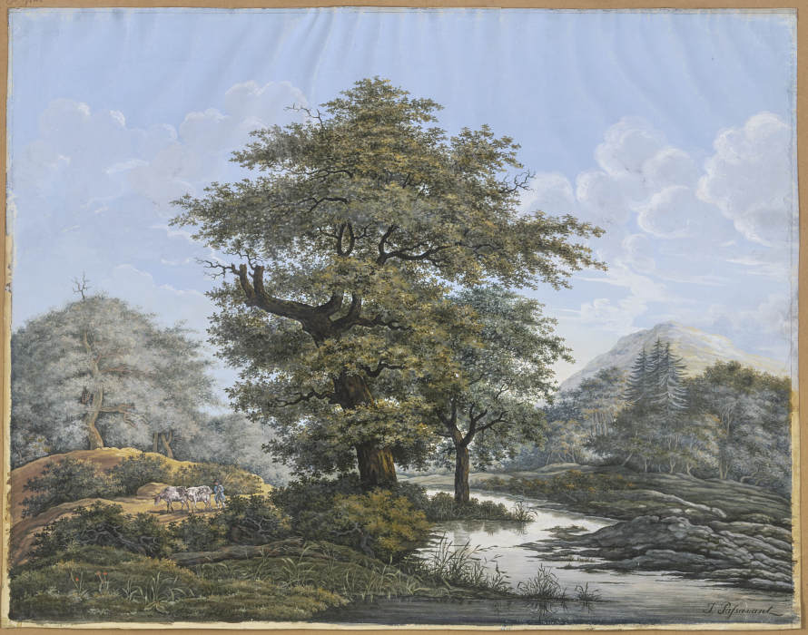 Baumreiche Landschaft, in der Mitte eine Eiche am Ufer eines Flusses from Johann David Passavant