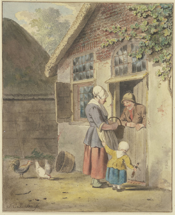 An einer Haustür spricht ein Mann mit einer Frau, die von einem Kind an der Schürze gehalten wird from Johannes Christiaan Janson