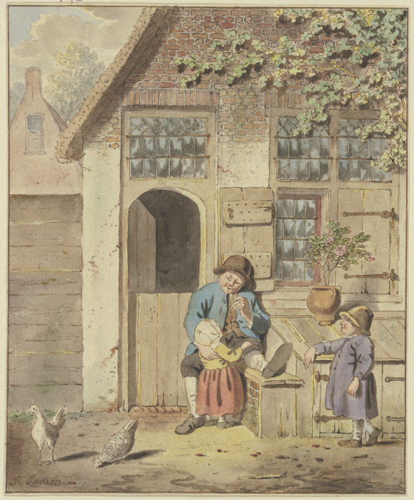 Vor einer Haustür sitzt ein Bauer mit zwei Kindern, dabei zwei Hühner from Johannes Christiaan Janson