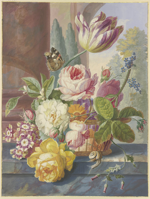 Ein Blumenstrauß in einem Korb, auf einer Tulpe ein Schmetterling, vorne eine Schnecke from Johannes Christiaan Roedig