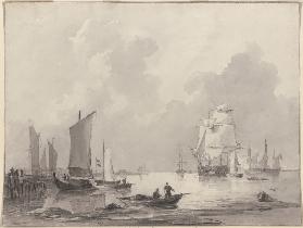 Barken am Strande, rechts größere Schiffe mit Kanonen, vorne rechts eine Barke