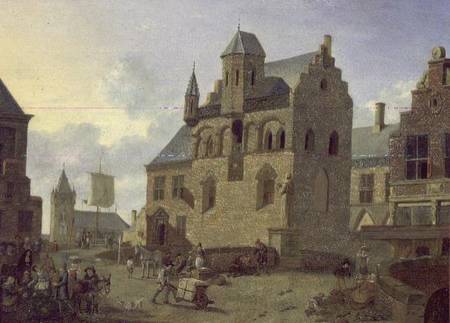 Town square with figures and peasants trading in a market place (panel) from Johannes Huibert Prins