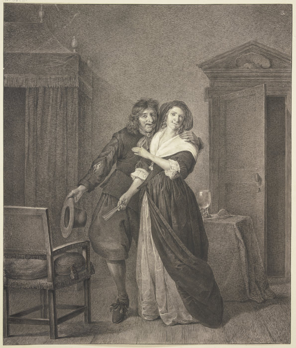 In einem Zimmer mit einem Betthimmel liebkost ein Mann eine junge Frau from Johannes Pieter de Frey