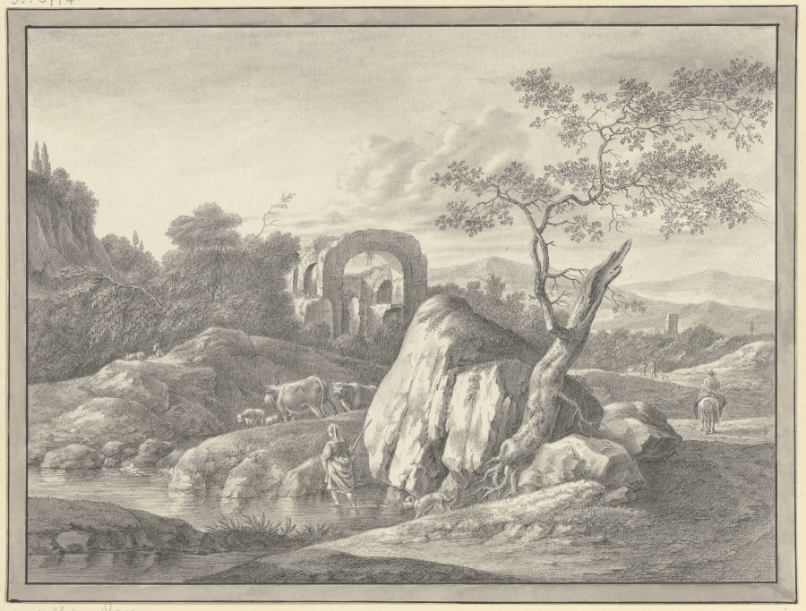 Ruinenlandschaft bei einem großen Felsen from Johann Friedrich Morgenstern