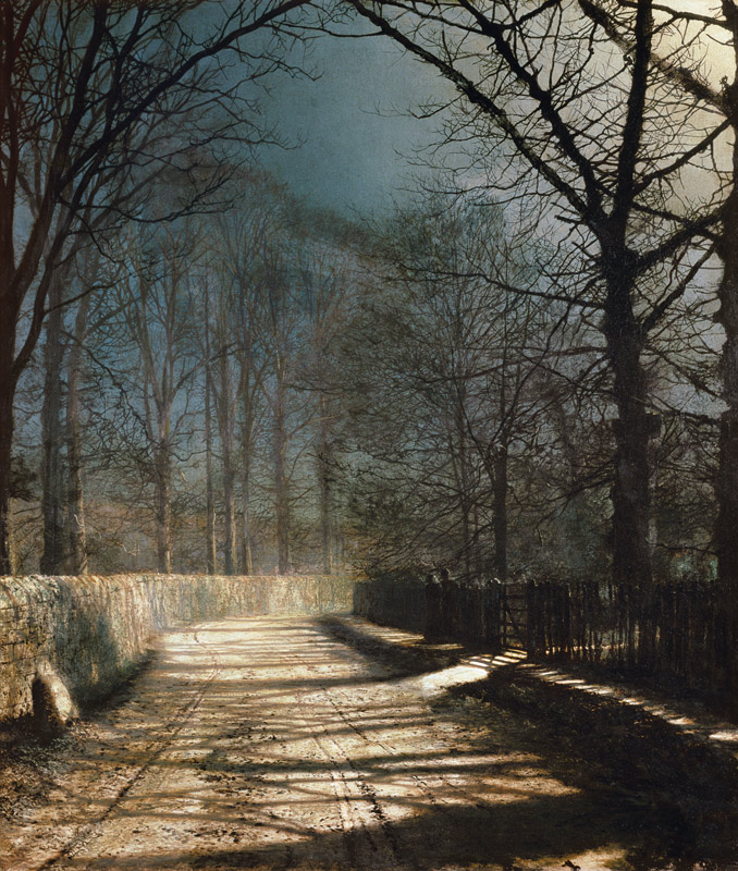 A Moonlit Lane, with two lovers by a gate from John Atkinson Grimshaw