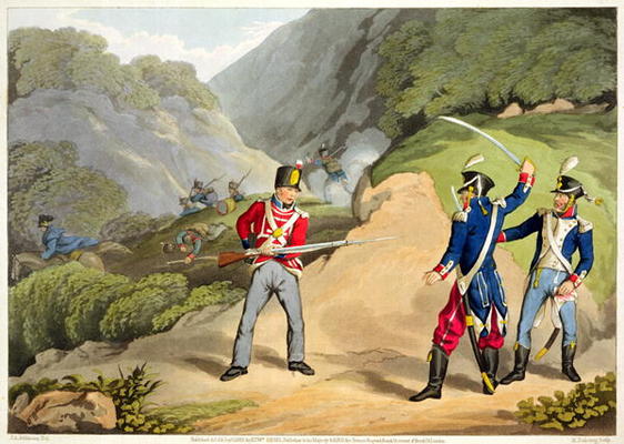 A British Soldier Taking Two French Officers at the Battle of the Pyrenees, engraved by Matthew Dubo from John Augustus Atkinson
