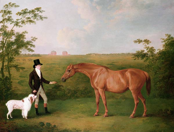 A Gentleman with a White Dog and a Chestnut Mare in a Landscape from John Boultbee