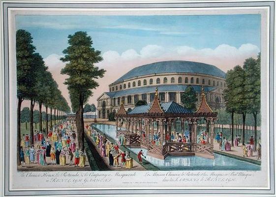 The Chinese House, the Rotunda and the Company in Masquerade in Ranelagh Gardens (coloured aquatint) from John Bowles