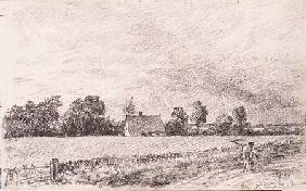 Cottages and road, East Bergholt, pencil