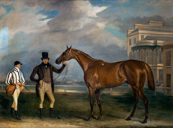 General Chasse, a chestnut racehorse being held by his trainer, with his jockey, J. Holmes standing from John E. Ferneley d.J.
