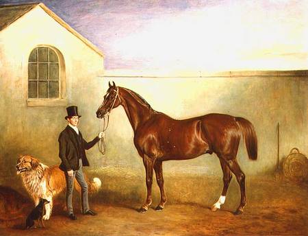 Mr Meakin holding Sir Robert Peel's Chestnut Hunter with his dogs 'Hector' and 'Jem' from John E. Ferneley d.J.