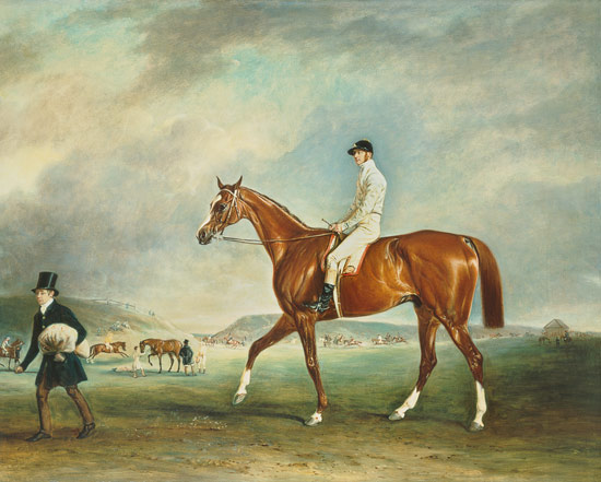 "The Cur" chestnut racehorse with jockey up on Newmarket Heath from John E. Ferneley d.J.