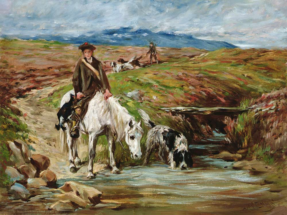 Horse and Spaniel Drinking from a Stream from John Emms