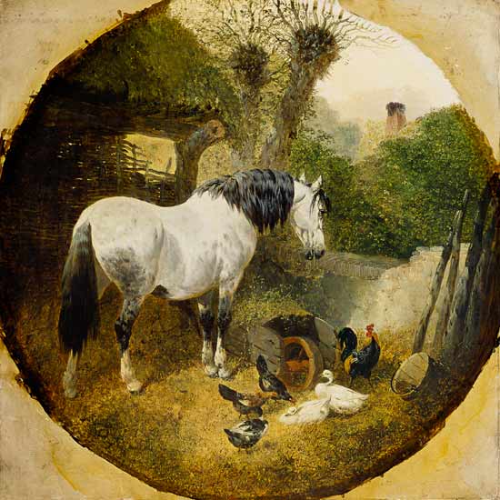 A Carthorse eating hay from a wheel-barrow in a farmyard from John Frederick Herring d.Ä.