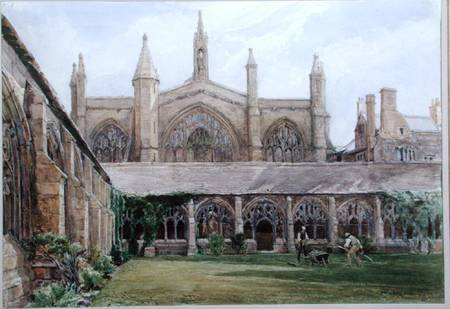 New College cloisters with gardener from John Fulleylove