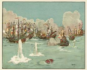 The first days fighting with the invincible Armada (colour litho)