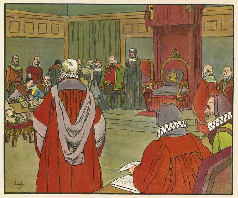 The trial of Mary Queen of Scots (colour litho) from John Hassall