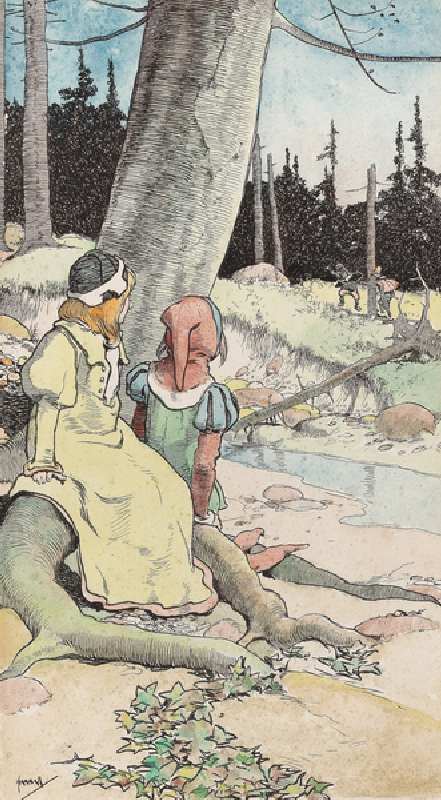 The Babes in the Wood, c.1900 (pen, ink & w/c on paper) from John Hassall
