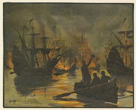 The invincible Armada attacked by fire ships (colour litho)