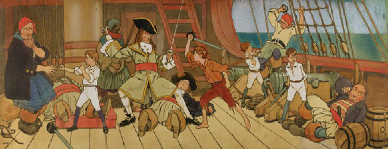 The Lost Boys in Combat with the Pirates and Peter in the Final Duel with Captain Hook, illustration from John Hassall