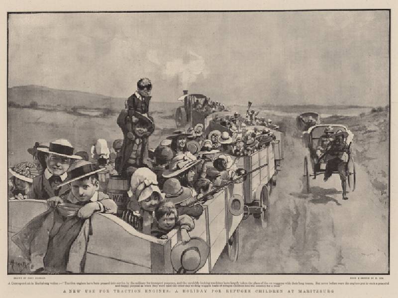 A New Use of Traction Engines, a Holiday for Refugee Children at Maritzburg (litho) from John Hassall