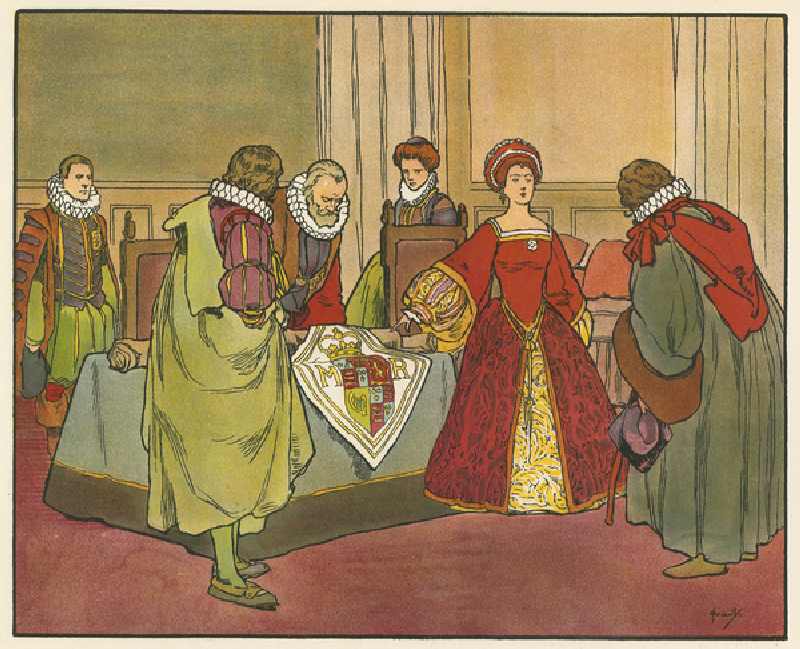 Elizabeth I protests against the Scottish use of the royal arms (colour litho) from John Hassall