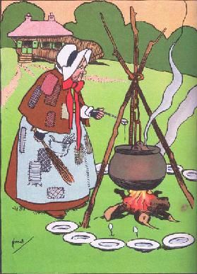 Cooking the broth, from Blackies Popular Nursery Rhymes published by Blackie and Sons Limited, c.192