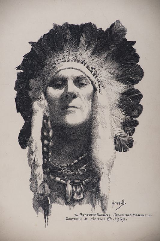 Self Portrait with Indian headdress, 8 March 1939 (pen & ink on board) from John Hassall