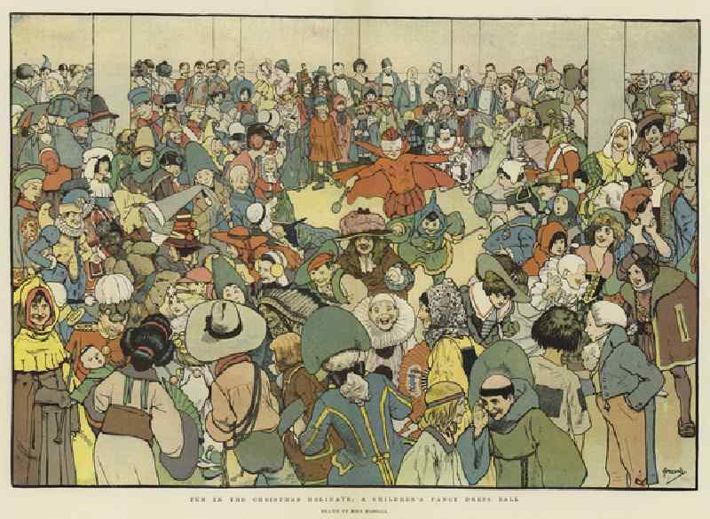 Fun in the Christmas Holidays, a Childrens Fancy Dress Ball (colour litho) from John Hassall