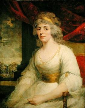 Portrait of Mrs. Billington seated, three quarter length in a white dress