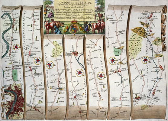 Road from London to Bristol, from John Ogilby's 'Britannia', published London, 1675 (hand-coloured e from John Ogilby