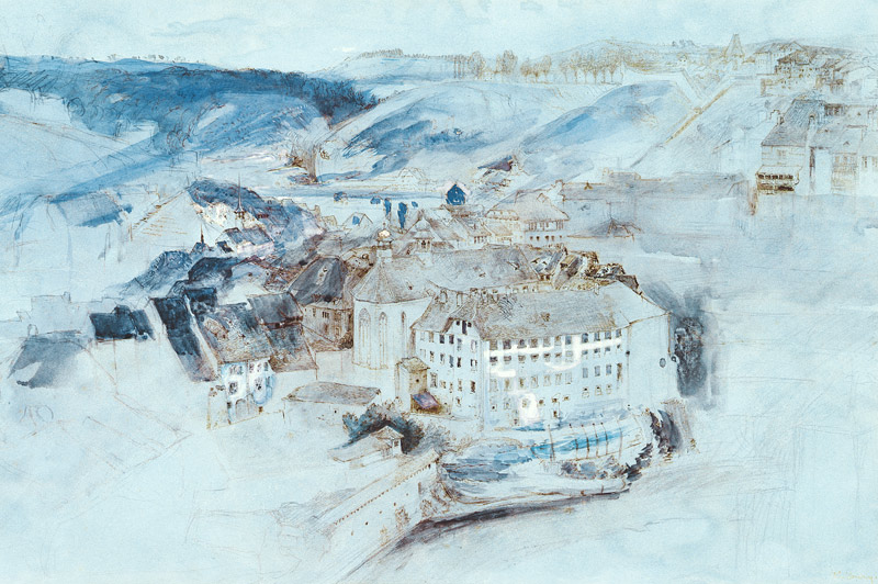 Fribourg (w/c & gouache on blue paper) from John Ruskin