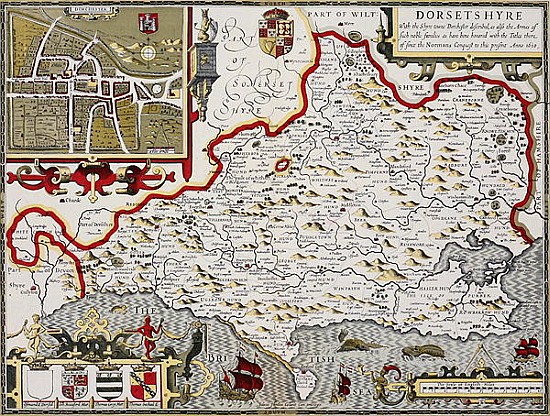 Dorsetshire; engraved by Jodocus Hondius (1563-1612) from John Speed''s Theatre of the Empire of Gre from John Speed