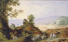Landschaft mit einer Kapelle auf einem Hügel