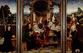 Thronende Maria m. Kind u. Joseph, Seiten hll. George und Katharina m. Stiftern (Fügelaltar) from Joos van Cleve