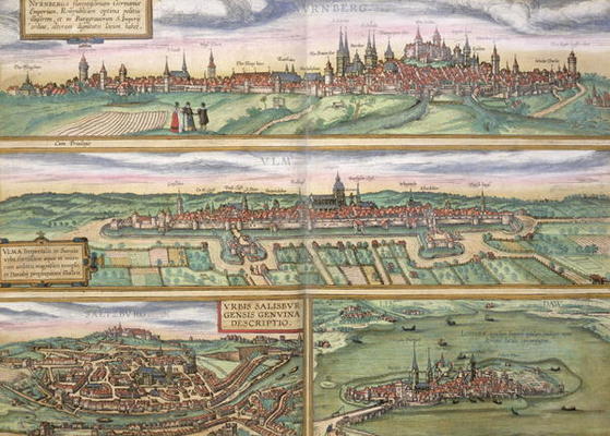 Map of Nurenburg, Ulm, and Saltzburg, from 'Civitates Orbis Terrarum' by Georg Braun (1541-1622) and from Joris Hoefnagel