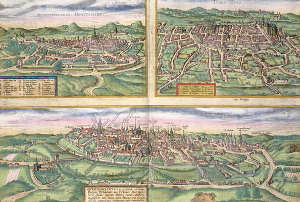 Map of Montpellier, Tours, and Poitiers, from 'Civitates Orbis Terrarum' by Georg Braun (1541-1622) from Joris Hoefnagel
